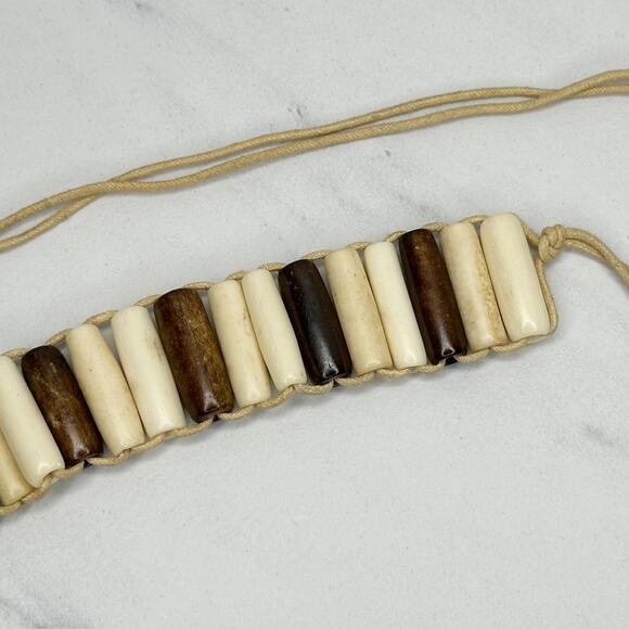 Wood Beaded Tie Belt Brown Cream Boho Statement Belt Medium (M) ✨ - Picture 4 of 14